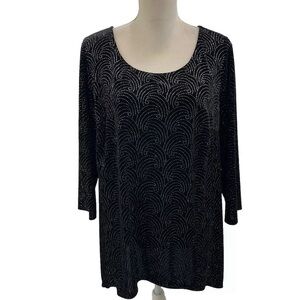 Notations Black Velvet Metallic Top Women’s 1X Hi-Low Long Sleeve Evening Blouse